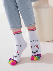 1/2/3/6 双女式彩色圆点印花趣味可爱分趾中筒袜 - 彩色 - 查看 5