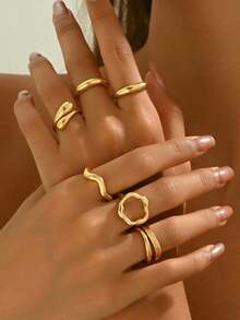 10pcs/Set Geometric Curve Rings, Hinged Rings, Exaggerated Open Rings, Unique Jewelry Design, Suitable For Women's Daily Wear - 10 Rings - View 13