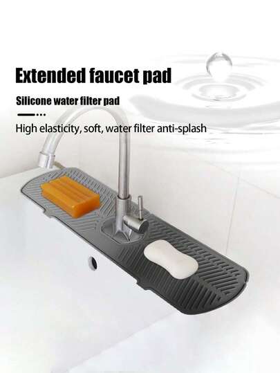 1pc Silicone Faucet Handle Filter Tray, Kitchen Faucet Sink Splash Guard, Silicone Faucet Water Collector Mat, Sink Drain Mat, Suitable For Countertop, Bathroom, Cabin, RV Rubber Drying Mat (Gray)