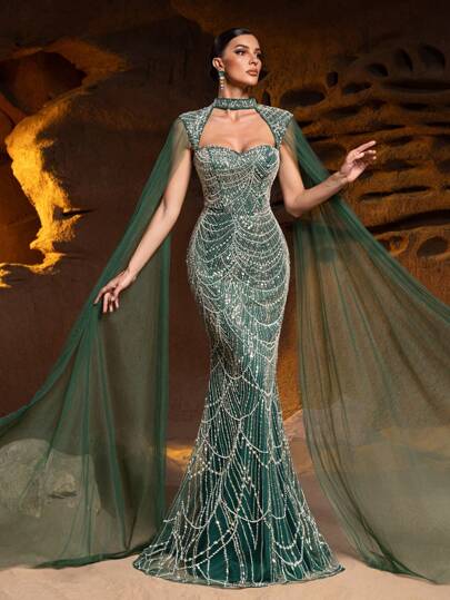 Faeriesty Stunning High Neck Backless Spaghetti Strap Evening Gown, Featuring Flowing Organza Sleeves And Mermaid Silhouette - Suitable For Red Carpet Events, Black Tie Galas, Wedding Receptions, Opera Nights, And Formal Charity Balls