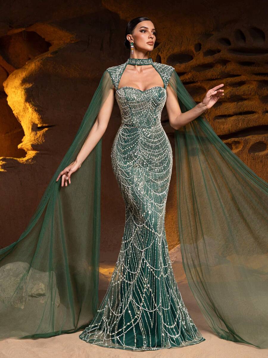 Faeriesty 高领鱼尾晚礼服,雪纺袖,鱼尾廓形,适合红毯、盛大晚宴、婚礼等场合。 - 墨綠色 - 查看 1