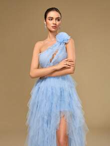 Váy dài bằng vải lưới maxi cổ lệch không tay thanh lịch, có chi tiết viền xếp nếp xẻ tà, thích hợp mặc dự tiệc quyến rũ cho nữ - Màu xanh nhạt - Xem 6