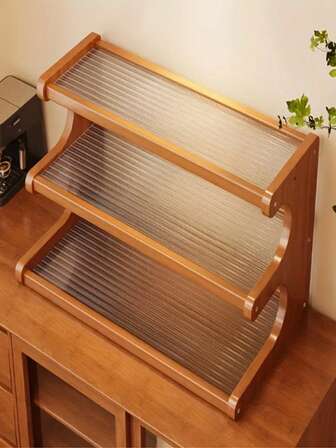 Estantería de 2 niveles de bambú con fondo de acrílico transparente - Organizador antivuelco y ahorra espacio para la cocina, el baño y la oficina - Estantería de almacenamiento multipropósito para especias, cosméticos y vajilla - Diseño elegante, estantería de cocina, estantería de especias