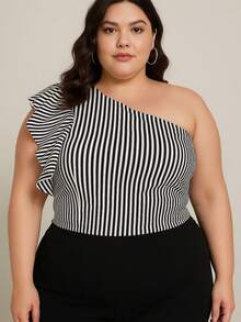 Women's Plus Size Suplex Crop Top With Padded Mule Sleeve With Ruffle - Blanco y Negro - Ver 2