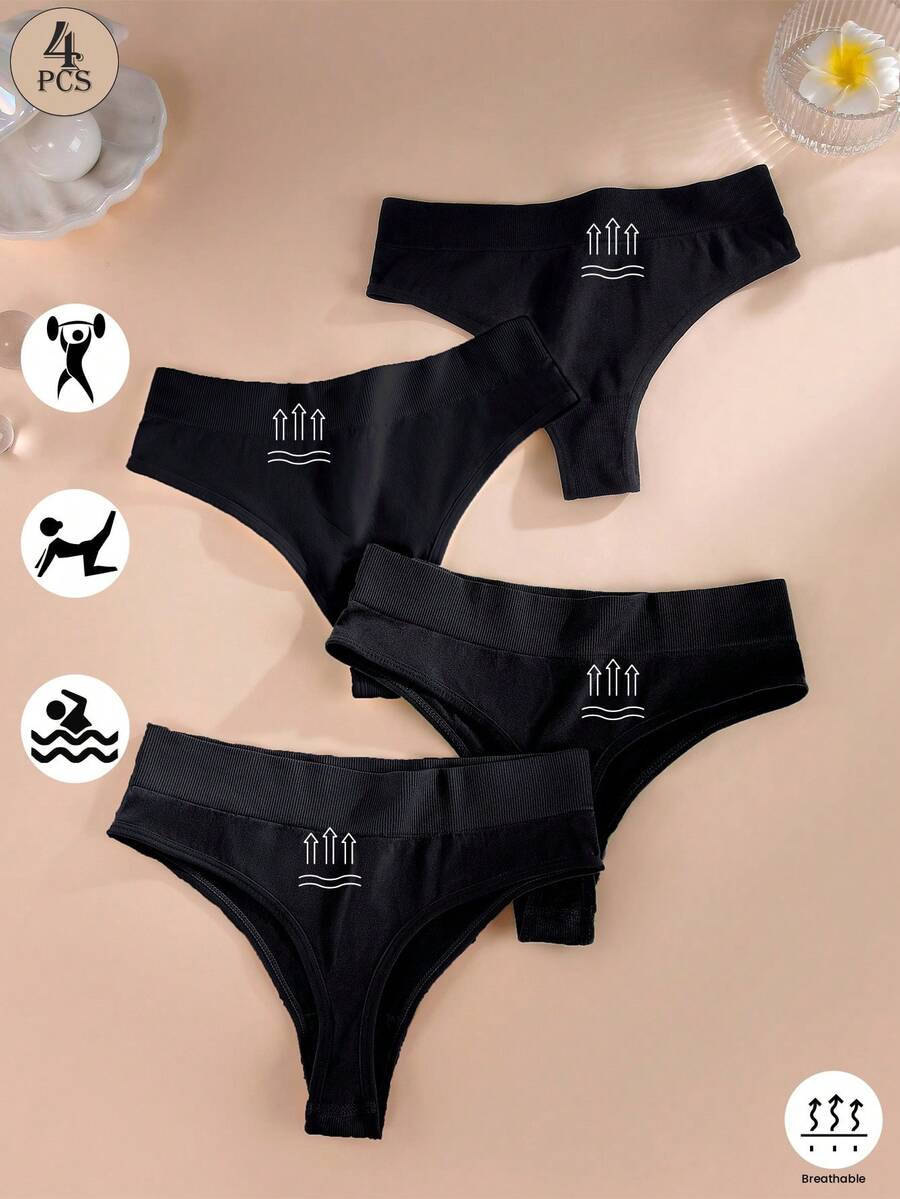 4pcs Women High Waist Seamless Thong Panties, Soft Invisible Daily Underwear - Black - View 1