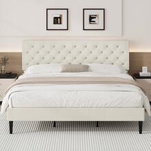 Upholstered Bed Frame With Headboard, Linen Fabric Bed Frame With Button Tufted Headboard, No Box Spring Needed, Easy Assembly, Twin/ Full/ Queen/ King, Beige/ Pink/ Dark Grey/ Grey/ Blue/ Cream/ Black - 奶油 - 查看 12
