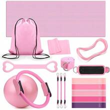 Set Of 18 Pilates Ring Essential Kit Women Pilates Ring And Ball Ankle Resistance Band Yoga Strap Socks Arm Stretcher Latex Tube Gym Back Bag Exercise Equipment Workout - Pink - View 1