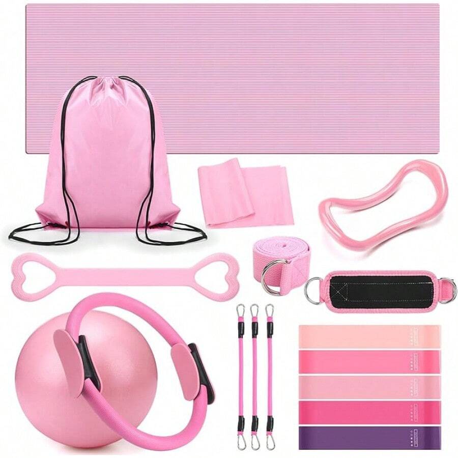 Set Of 18 Pilates Ring Essential Kit Women Pilates Ring And Ball Ankle Resistance Band Yoga Strap Socks Arm Stretcher Latex Tube Gym Back Bag Exercise Equipment Workout - Pink - View 1