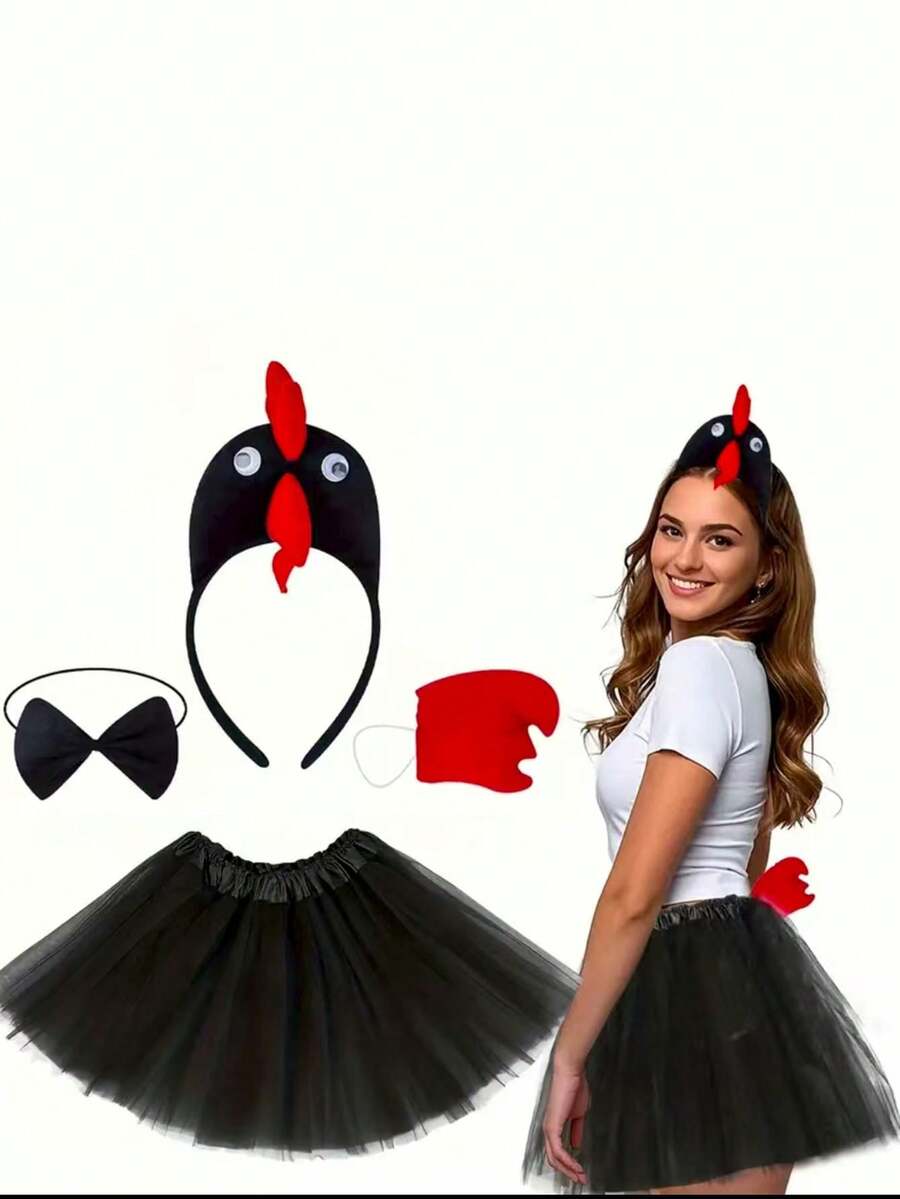 4件套女士可爱涤纶小鸡服装套装 - 3D头箍、领结、尾巴和裙子，适合各种嘉年华和派对装扮
