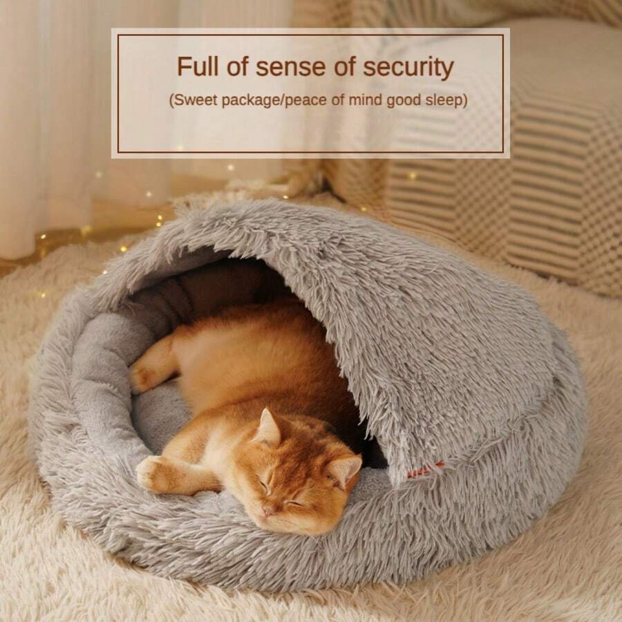毛绒贝壳形纯色宠物床，半封闭式多用途狗/猫窝，温暖、柔软、舒适、防污耐磨，适合中型/小型猫狗，四季皆宜