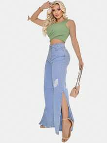 New Fashion Women's Premium Wide Leg Jeans With Ripped Details - Đá lửa - Xem 2