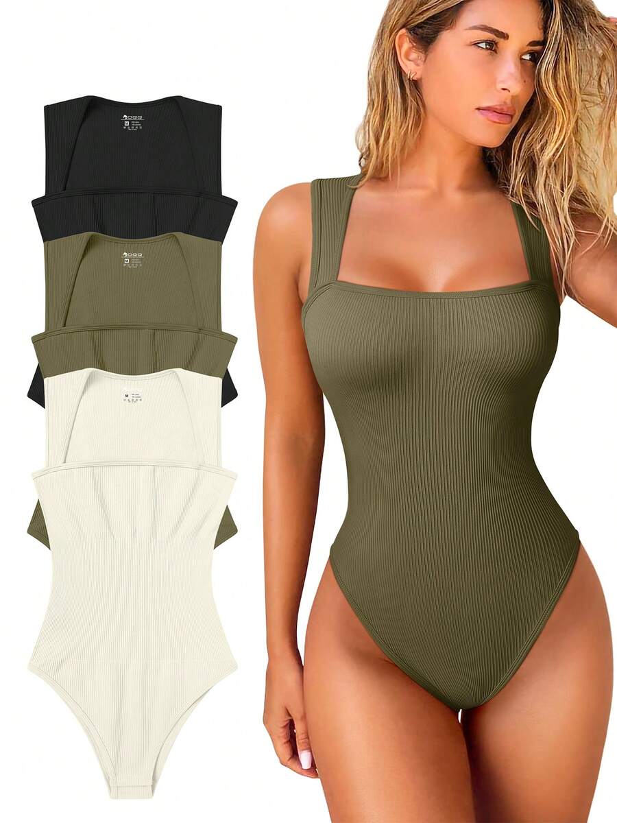 OQQ 3 Piece Bodysuits For Women Sexy Ribbed Strappy Square Neck Stretch Tank Tops Bodysuits - 黑,泡菜,米色 - 查看 1