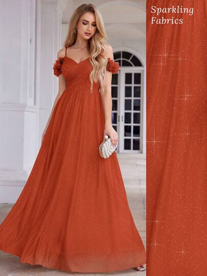 EVERPRETTY Spring Floral Off-Shoulder Spaghetti Strap Bridesmaid Dress In Tangerine, Backless Design, Elegant & Shiny, Suitable For Formal Evening Party