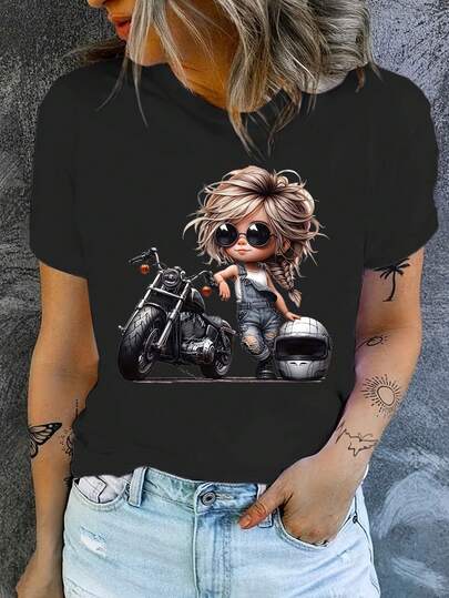 Women's Casual Crew Neck T-Shirt With Cartoon Motorcycle Graphic, Cotton 100% Knit Fabric, Short Sleeve Summer & Spring Top, All-Season Clothing, Everyday Tshirt | Crew Neck Shirt | Glossy Finish, Ladies T Shirts