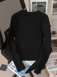 Korean Style Elegant Textured Crew Neck Sweater For Women, Long Sleeve Embroidered Pullover - Black - View 7