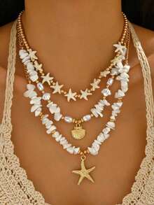 3pcs/Set Bohemian Beach Vacation Style Personalized Necklace Set, Including Random Gemstone, CCB Faux Pearl, Starfish And Shell Pendant Necklaces, Suitable For Women Beach Vacation Outfit - Gold - View 2