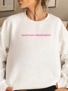 女款「MAINTAIN COMMITMENT」標語印花長袖圓領衛衣，休閒寬鬆百搭度假風上衣，時尚秋季日常穿搭 - 白色 - 查看 7