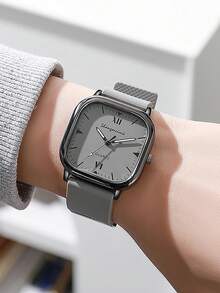 1 件时尚方形男士手表，复古运动手表，商务休闲石英腕表，精美礼品 - 灰色 - 查看 1
