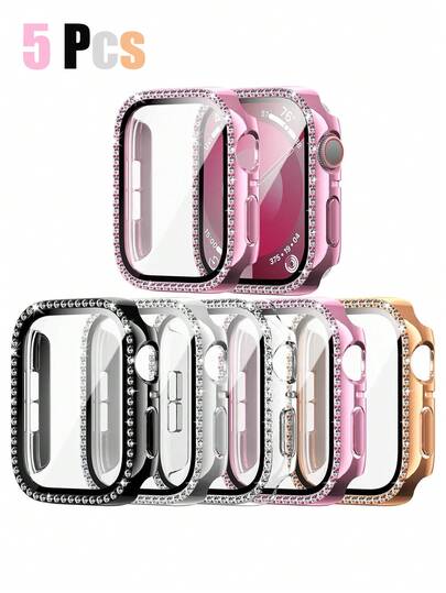 5pcs Shiny Watch Case Cover With Tempered Glass Screen Protector, Crystal Diamond Rhinestone Full Protection Shell, Compatible With Apple Watch Series Ultra/11/10/9/8/7/6/5/4/SE, 40/41/42/44/45/46/49mm Case, Fashion, Anti-Fall, Anti-Scratch,Women Casual Sports Watch Case