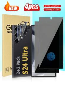 4-In-1 Screen & Camera Lens Protector For S24 Ultra - 2pcs Privacy Tempered Glass + 2pcs Camera Lens Protectors, Anti-Spy, Anti-Scratch, Anti-Drop Compatible With Galaxy S21/S22/S23/S24 Ultra/S24 FE/A06/A16/A26/A36/A56/S25 Ultra/S25 Gift For Birthday, Family, Friends Phone Screen Protector, Phone Accessories Screen Protection Essentials, Applicable To Daily Shield, Office, Home Privacy Screen Protector Waterproof Shockproof Anti-Fall Scratch Resistant