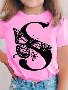 Adorable Pink Monogram Alphabet Girls' T-Shirt With Easter Bunny & Cool Egg Design - Soft Cotton, Short Sleeve, Round Neck - Perfect For Birthday & Party Outfits, Casual Youngsters Wear| Short Sleeve Top| Comfortable Fit, Tween Girl Clothes - 粉色 - 查看 2