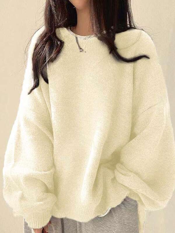 EAVA 秋冬韩版简约圆领毛衣，优雅宽松百搭喇叭袖侧开衩套头针织衫，适合女性，情人节，情人节女装，情人节服装