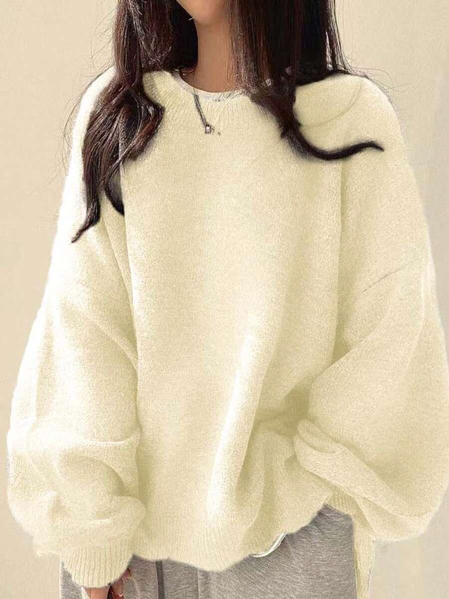EAVA 女款韓式落肩寬鬆圓領針織毛衣,蓬鬆混紡面料親膚保暖,韓系休閒隨性風格,適合秋季 - 米色 - 查看 1