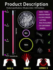 100 根 8 英寸多色灯串，兼具照明和装饰功能，适用于各种场合，在黑暗环境下可连续照明 10-12 小时，可用于制作手链、项链，适用于派对、聚会、酒吧、生日、节日、夜总会、玩具、霓虹灯派对用品等。