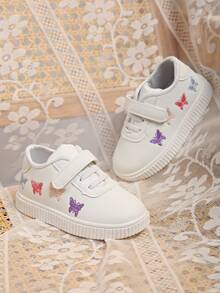 1双儿童男女通用多功能魔术贴休闲白色运动鞋，舒适透气卡通刺绣平底学生鞋，时尚校园风运动鞋 - 白色 - 查看 5