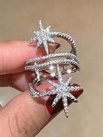 1枚时尚百搭优雅立方氧化锆八角星多层铜戒指，女士款，适合日常佩戴、节日、婚礼及送礼。