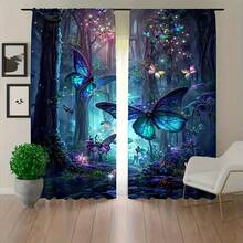 2pcs Enchanting Blue Butterfly Forest Curtains - Durable Polyester Fiber, Digital Printing, Vibrant Colors, Pole Bag Design, Easy To Hang, Fade Resistant, Ideal Choice For Living Room Decoration