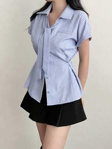 2025 春夏条纹印花时尚百搭女式纽扣短袖衬衫 - 藍色 - 查看 4