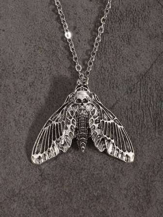 Gothic Punk Style Skull & Moth Pendant Necklace, Dark Gothic Halloween Moth Necklace For Men & Women