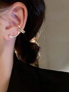1pair Elegant And Simple Wave-Shaped Faux Pearl And Rhinestone Ear Studs Suitable For Women's Daily, Festivals Or Parties - 金黃色 - 查看 2