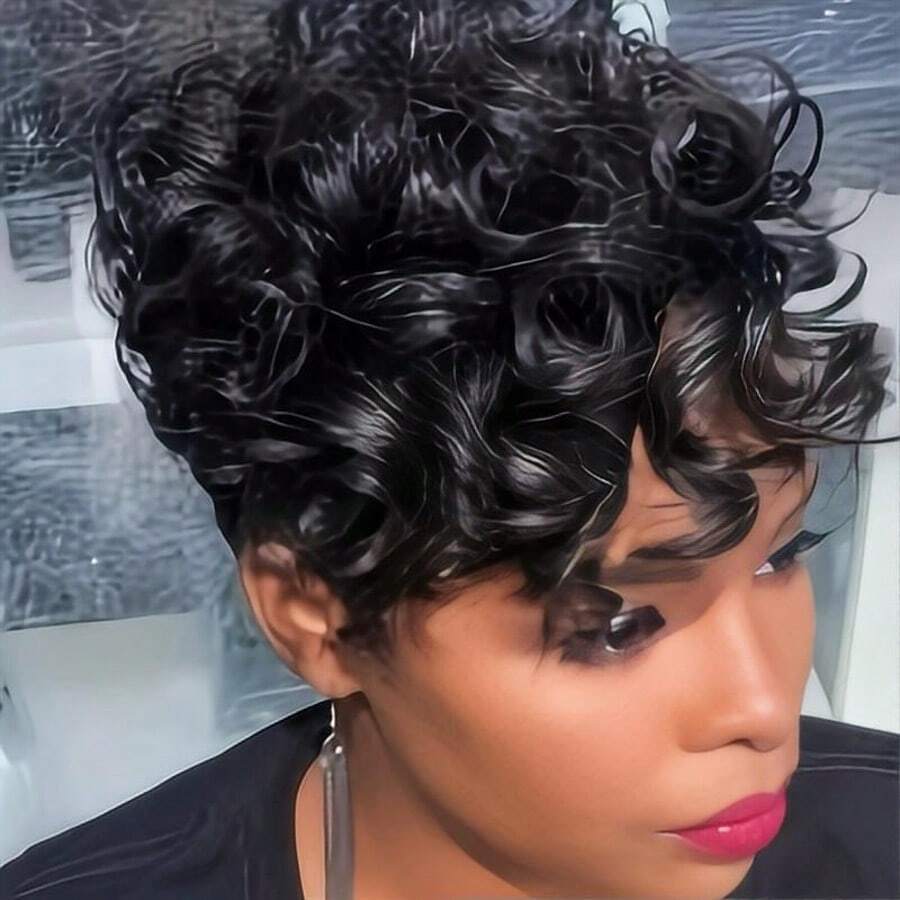 Elegant Pixie Curly Human Hair Wig - 6 Inch Short Loose Wave, 180% Density 100% Real Human Hair Wig For Women, No Shedding No Tangles, Natural Look For Everyday, Christmas Parties, Music Festivals, Halloween, Valentine's Day & Cosplay - Natural Black - Xem 1