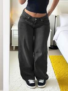 MYOURSA Quần Jeans Ống Rộng Baggy Cạp Thấp Phong Cách Đường Phố Thường Ngày Giặt Sạch Vintage - Màu xám đen - Xem 3