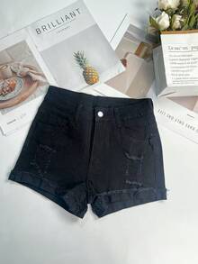 Women's Distressed Loose Retro Style Pocket Denim Shorts - Black - View 6