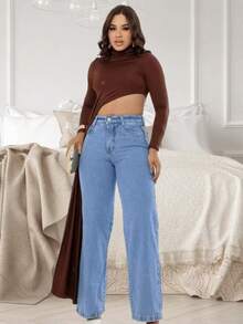 2025 Straight Loose Jeans For Women, Solid Color Blue, Black, Casual Women's Pants, Comfortable, Versatile Denim Pants, Essential For Travel - 淺色水洗藍 - 查看 4