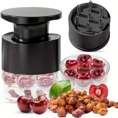 1个樱桃去核器 - 7孔按压式水果去核工具，一次可去除7个果核，符合人体工程学的手柄设计，方便快速取出果核。适用于制作樱桃果酱、甜点和果汁。水果去核器，房车露营工具，厨房用品，厨房工具，趣味礼品，个性化礼品