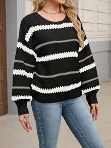 Women's Casual Striped Drop Shoulder Loose Pullover Long Sleeve Sweater Top, Black - Multicolor - View 9