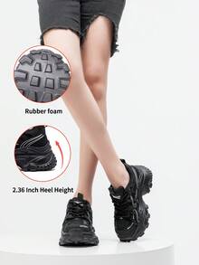 somiliss Teniși cu șireturi și platformă de 6 cm pentru femei, plasă respirabilă, decorați cu strasuri, antiderapanți, pantofi sport casual, versatili, potriviți pentru toate anotimpurile, negri