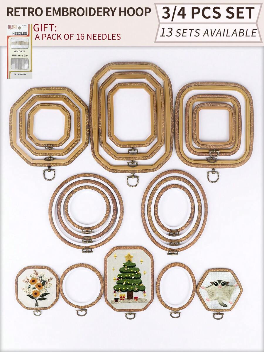 3 قطع/4 قطع أطواق تطريز خشبية بنية داكنة بطراز رجعي، أطواق تطريز DIY بطراز عتيق، أطواق غرزة متقاطعة، أطواق تطريز، أطواق لتعليق أحلام الريح، مصنوعة من ABS وPVC متين، مع خطافات معدنية برونزية للتعليق، يمكن استخدامها كديكور للحقائب والملابس والهواتف والمفاتيح، ديكور هالوين وعيد الميلاد، ديكور المكتب والسرير، تعليق السيارة، تشمل 16 إبرة تطريز للخياطة والاستخدام المنزلي