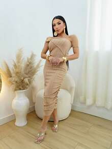 Vestido Feminino Midi Canelado com Fivela Luxo Ribana - Bege - Visão 1