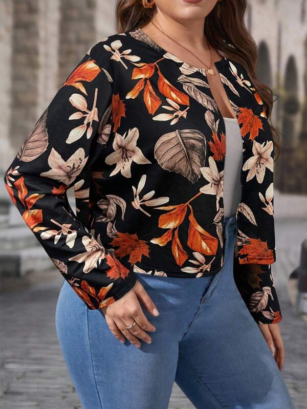 Women's Plus - Size Floral & Leaf Print Crop Jacket, Long - Sleeve, Ideal For Casual & Fall, Must - Have Autumn Outerwear, Stylish Plus - Size Attire
