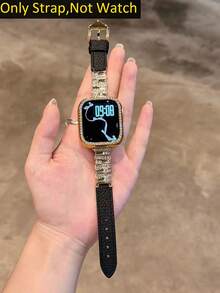 1 Peça Compatível com Pulseira de , Unissex, Pulseira de Metal Dourado com Strass Assimétrico & Preta, Compatível com Apple Watch 38/40/41/42/44/45/49/46mm, Compatível com Apple Watch S10/Ultra/SE/9/8/7/6/5/4/3/2/1, Macia e Confortável, Elegante e Versátil, Adequada para Ocasiões Casuais e de Festa, Acessório - Preto - Visão 9