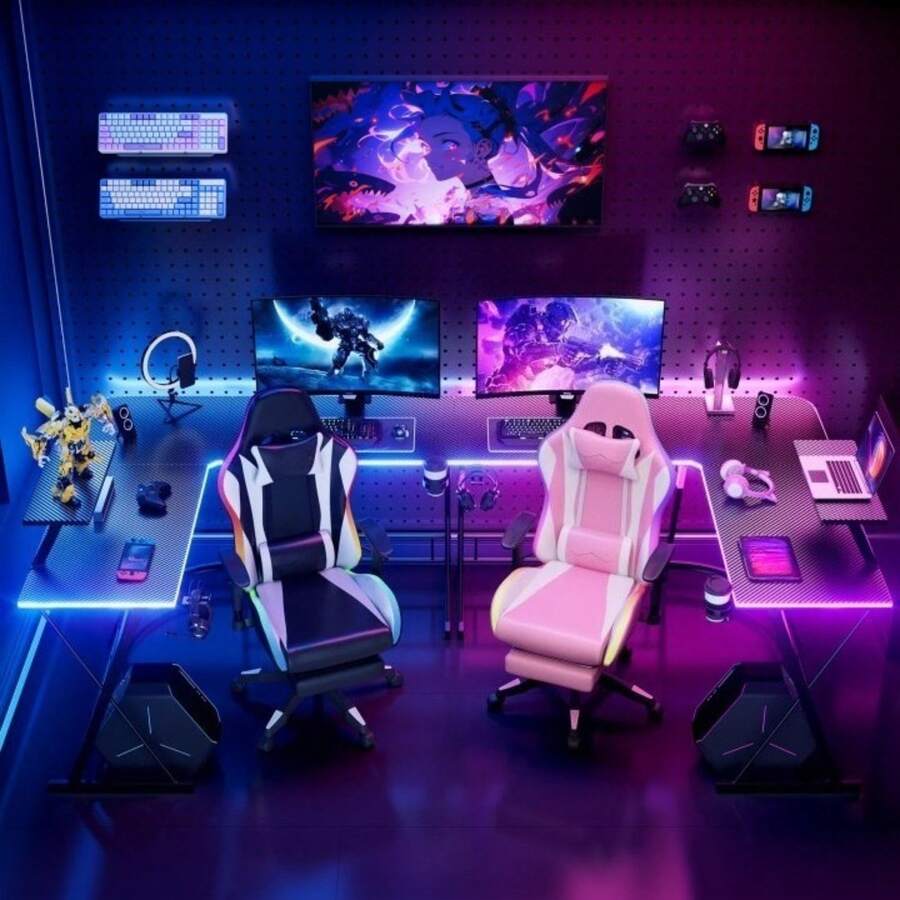 Modern L-Shaped Gaming Desk With Movable Monitor/Tablet Stand, Esports Desk, Game Table, Metal Frame Computer Table With Black Willow Wood Tabletop Or Carbon Fiber Desktop, Versatile L Shaped Corner Desk With Speaker + Light Strip + Headphone Hook + Cup Holder, Area Of Large Desk Surface: 10.59 Ft², Monitor Stand: 1.04 Ft², 51.03"X51.03"X29.25"