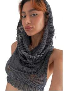Women Knitted Hoodie Sweater Vest Sleeveless Hollow Out Hooded Crop Top Streetwear Rave Oufit - Gray - 查看 2
