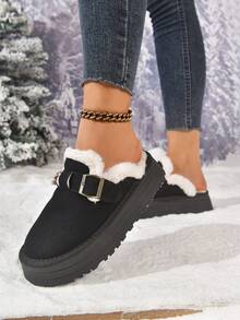 1 Pair Solid Color Casual Fabric Strap Platform Shoes, Suitable For Home Wear In Autumn/Winter,Fur Shoes,Mule Shoes - Black - View 5