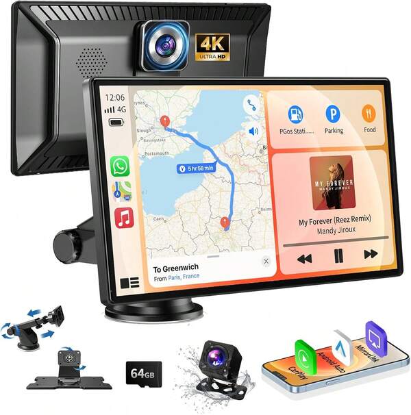 Carplay Screen For Car, 9" Portable Wireless Carplay Screen With 4K Dash Cam, 1080P Backup Camera, Car Stereo For Carplay & Android Auto GPS Navigation/Bluetooth/Mirror Link/Voice Control/AUX/FM/