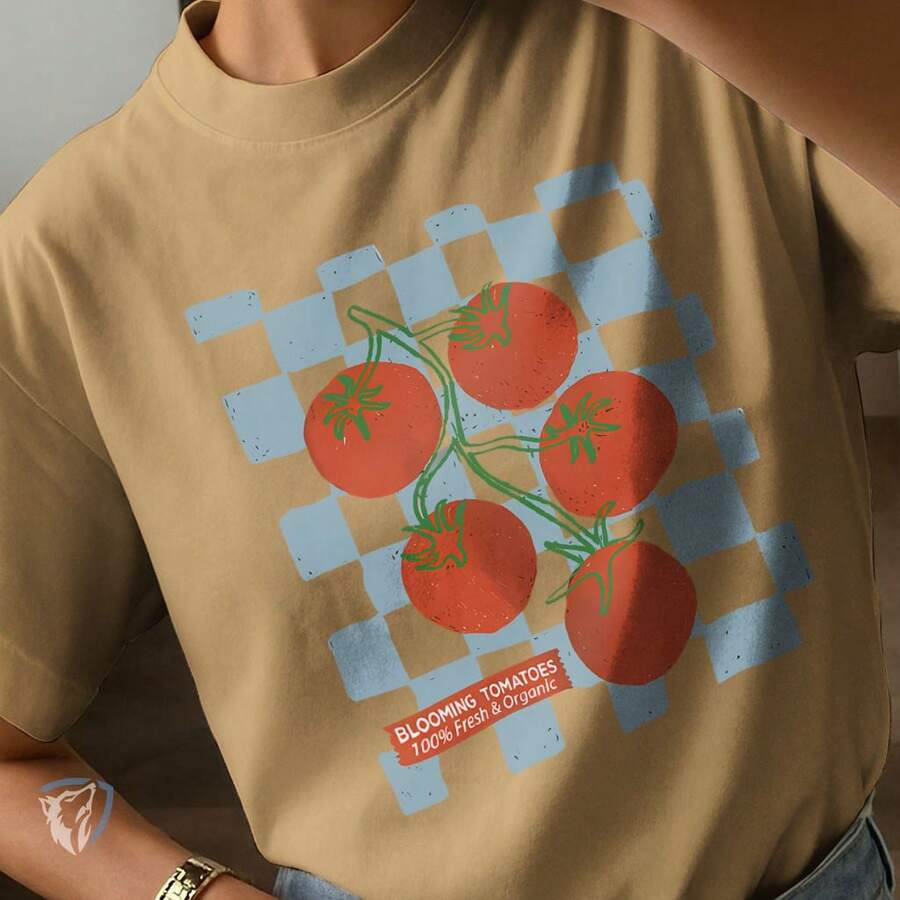 Vintage Printed T-Shirt | Blooming Fresh & Organic Tomatoes - Beige - View 1
